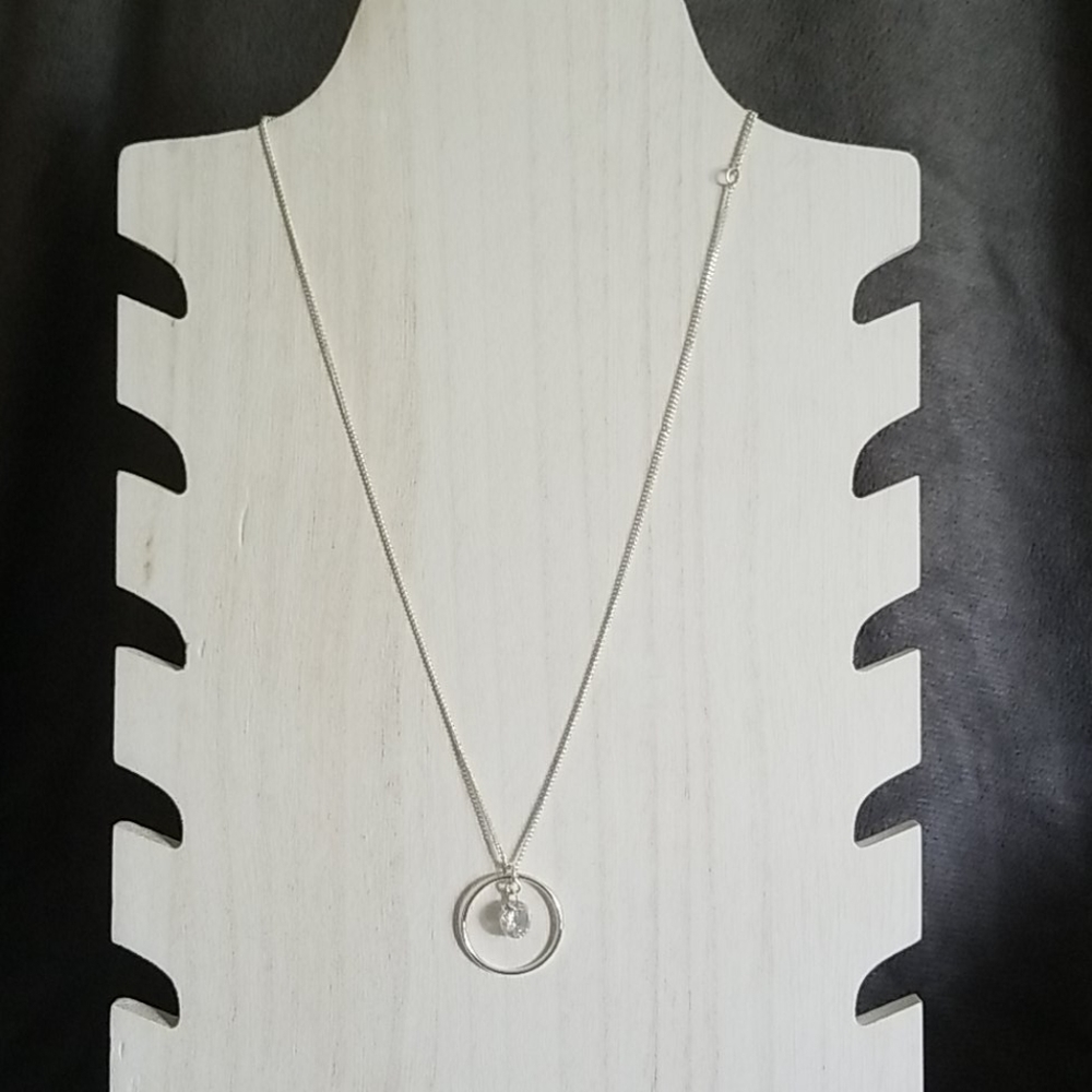 Silver Circle Dangle Crystal Pendant Necklace - Picture 3 of 6